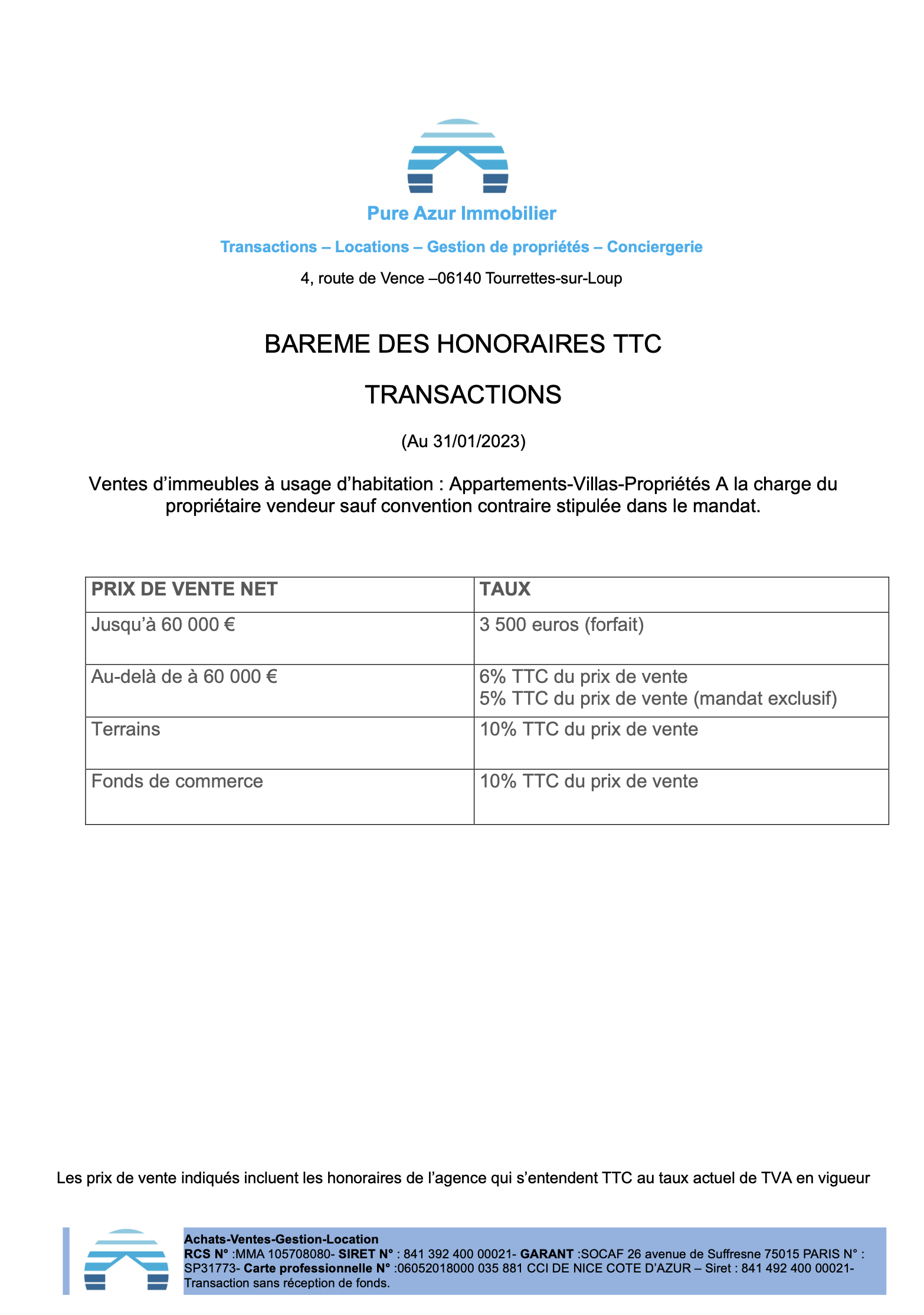 Barème des honoraires TTC transactions